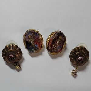 Vintage-Inspired Gold Tone Multi-Color Cluster Earrings - Unbranded